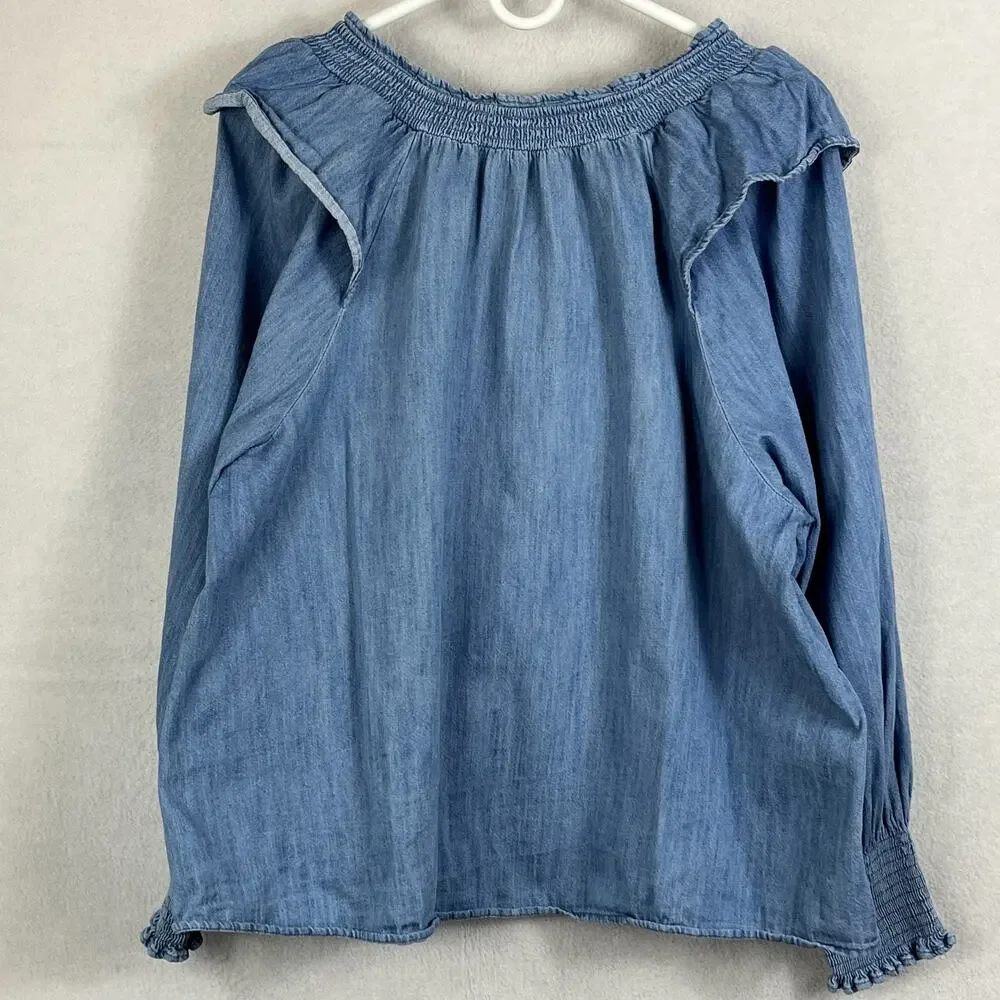 Old Navy Puff-Sleeve Blouse Women's XL Non-Stretch Chambray Ruffle-Trimmed Poet